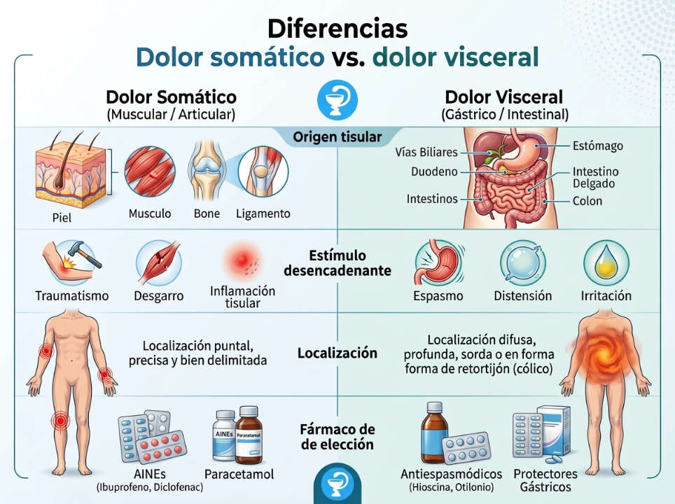 Infograf&iacute;a explicativa que explica las diferencias del dolor som&aacute;tico y el dolor visceral.
