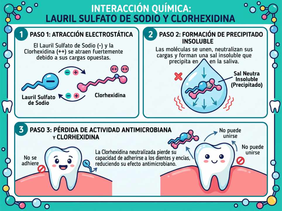 Infografía explicativa de la interacción química con el Lauril Sulfato de Sodio (SLS). Atracción Electrostática, Formación de Precipitado Insoluble, pérdida de actividad antimicrobiana.
