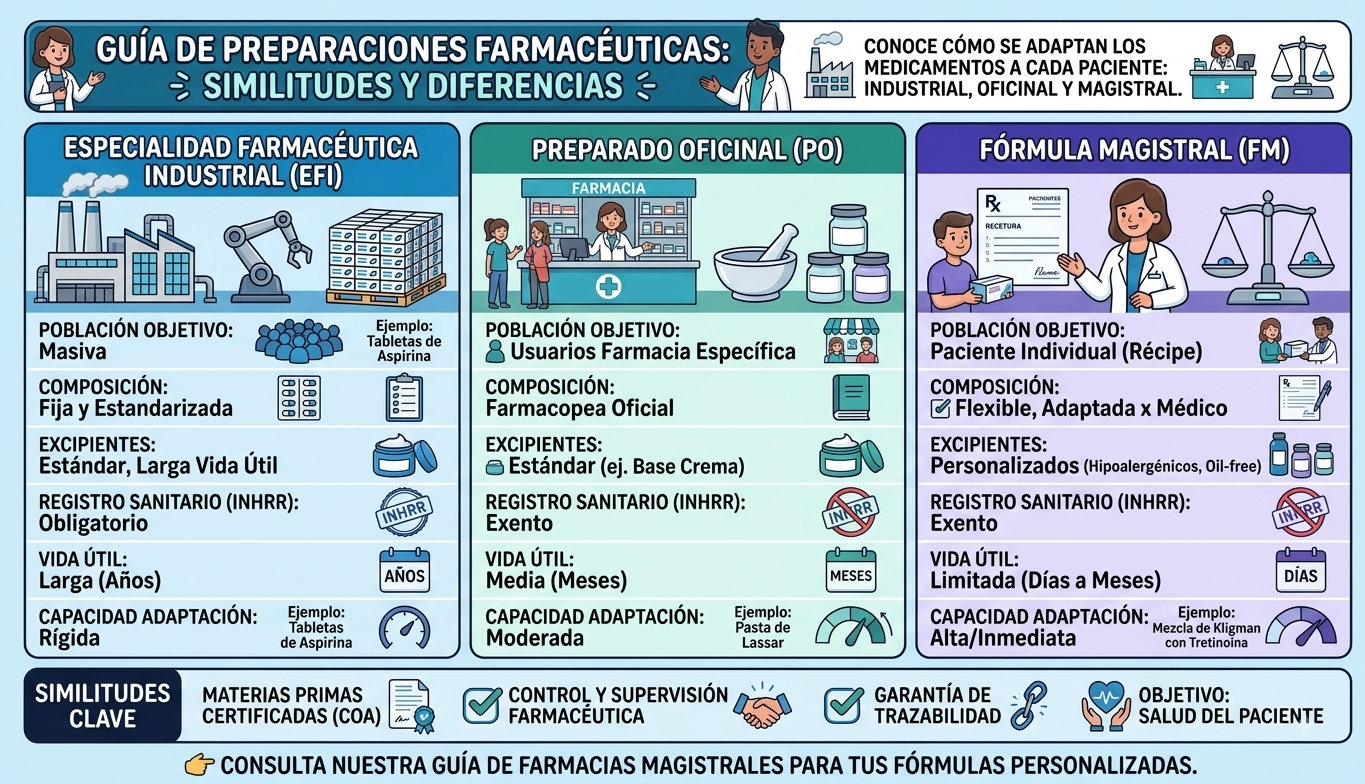 Infografía comparativa entre especialidad industrial, preparado oficinal y fórmula magistral según composición, registro y adaptación.