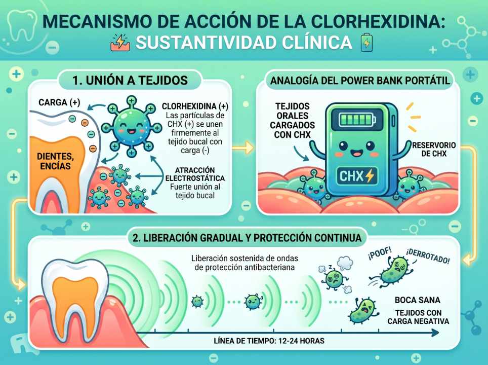 Infografía explicativa con información del mecanismo de acción de la clorhexidina y la sustantividad clínica.