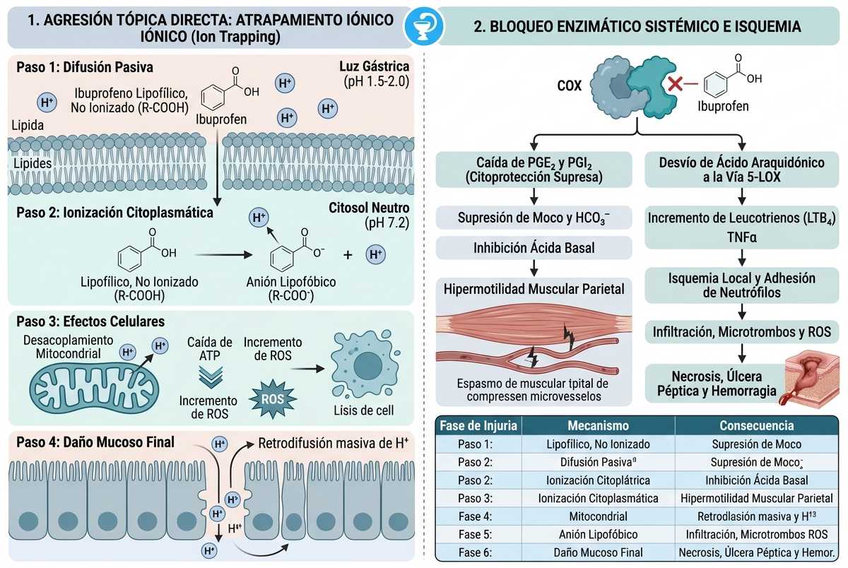 La imagen es una infograf&iacute;a que explica 'El Mecanismo G&aacute;strico: Citotoxicidad Directa y Enzim&aacute;tica del Ibuprofeno': Agresi&oacute;n T&oacute;pica Directa: El Fen&oacute;meno de Atrapamiento I&oacute;nico (Ion Trapping) y Bloqueo Enzim&aacute;tico Sist&eacute;mico e Isquemia Microvascular