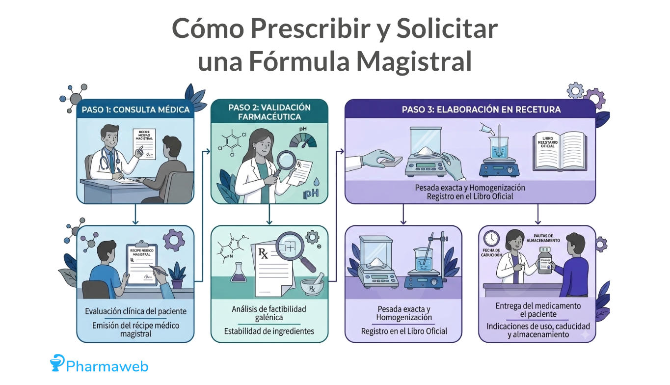 Infografía del proceso para solicitar una fórmula magistral en 3 pasos: consulta médica, validación farmacéutica y elaboración con entrega al paciente.
