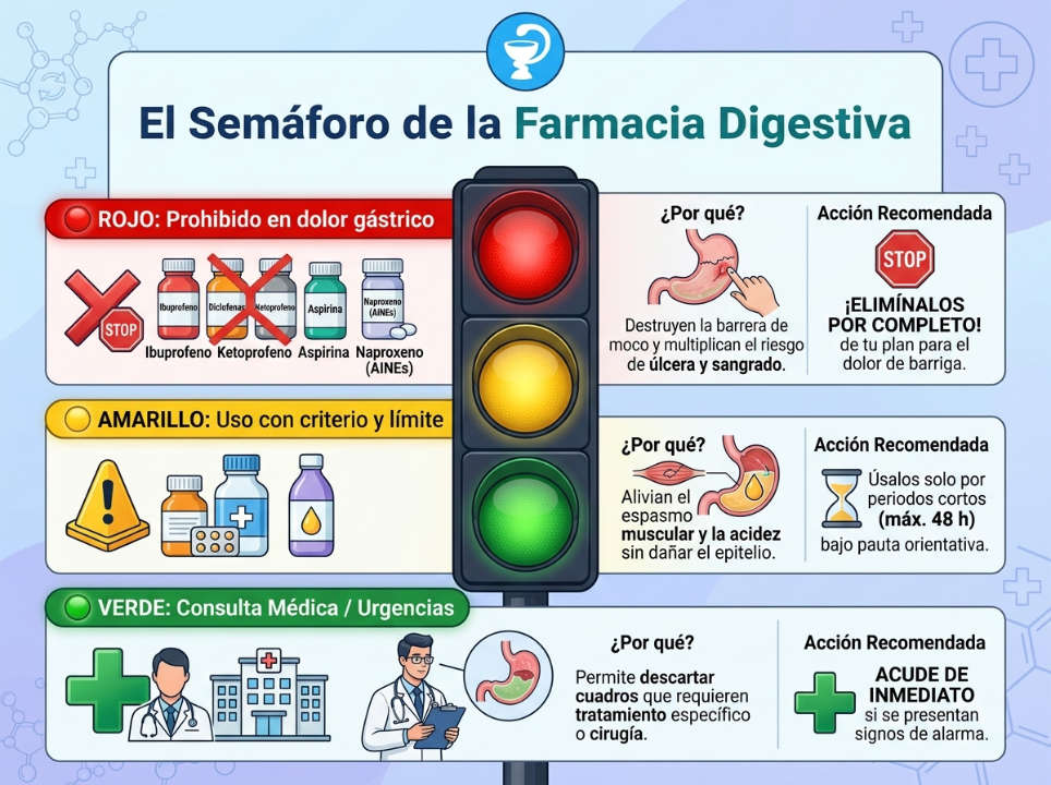 La imagen es una infograf&iacute;a que explica el sem&aacute;foro de la Farmacia Digestiva. Rojo: Prohibido en caso de dolor g&aacute;strico; Amarillo: Uso con criterio y l&iacute;mites; Verde: Consulta m&eacute;dica.