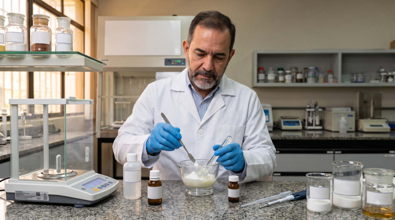 Farmacéutico con guantes preparando una fórmula magistral personalizada en un laboratorio de formulación.