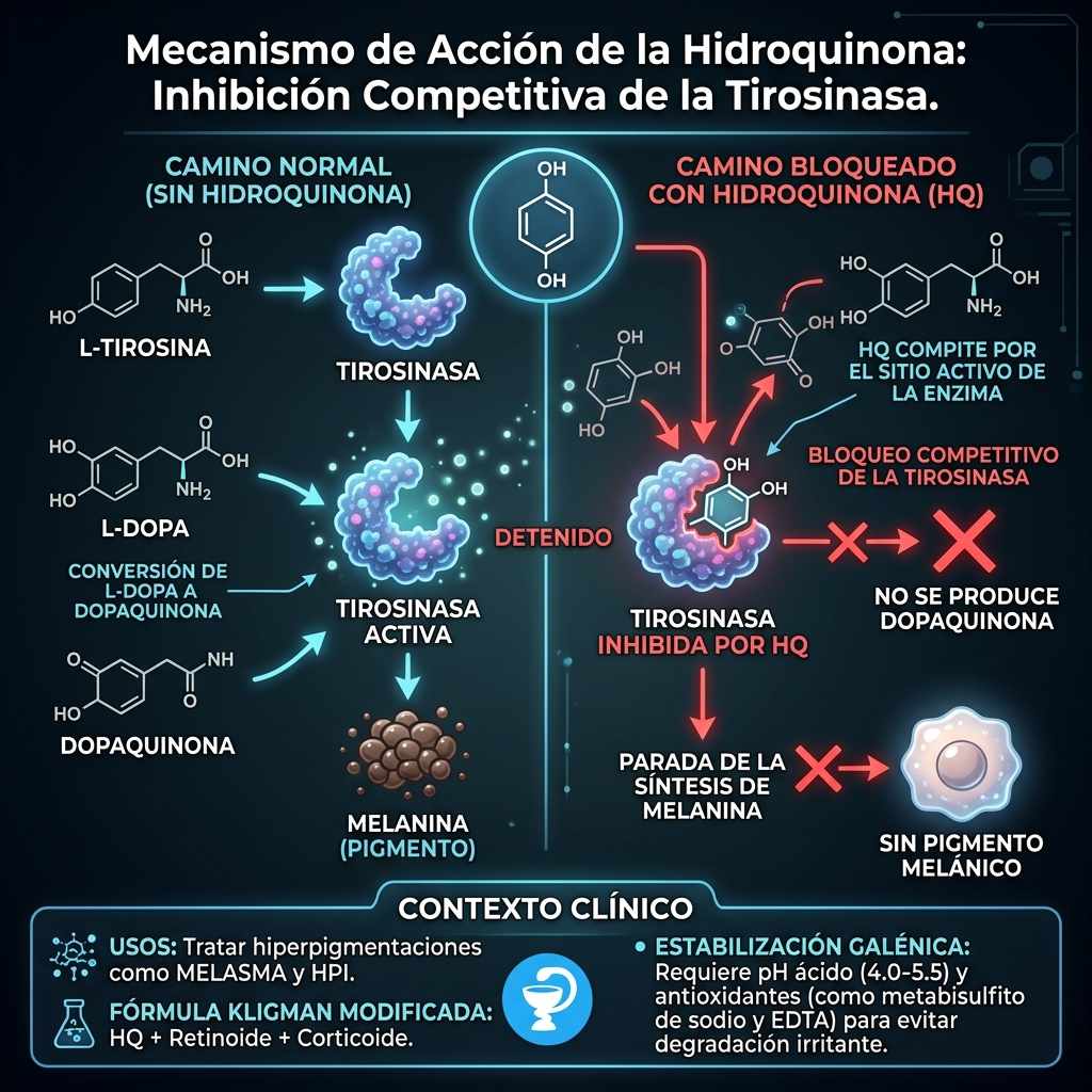 Infografía que explica a través de un esquema el mecanismo de acción de la hidroquinona para el tratamiento del melasma.
