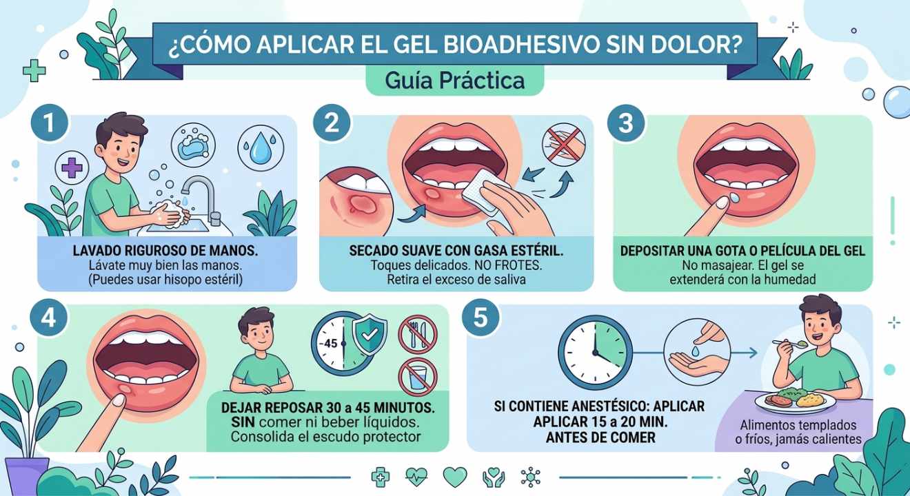 Infografía que señala y detalla los pasos para aplicar el gel bioadhesivo sin dolor en la mucosa de la boca. Los pasos: Lavado de las manos, Secado suave de la zona, aplicar la película de gel, reposar 30 minutos.