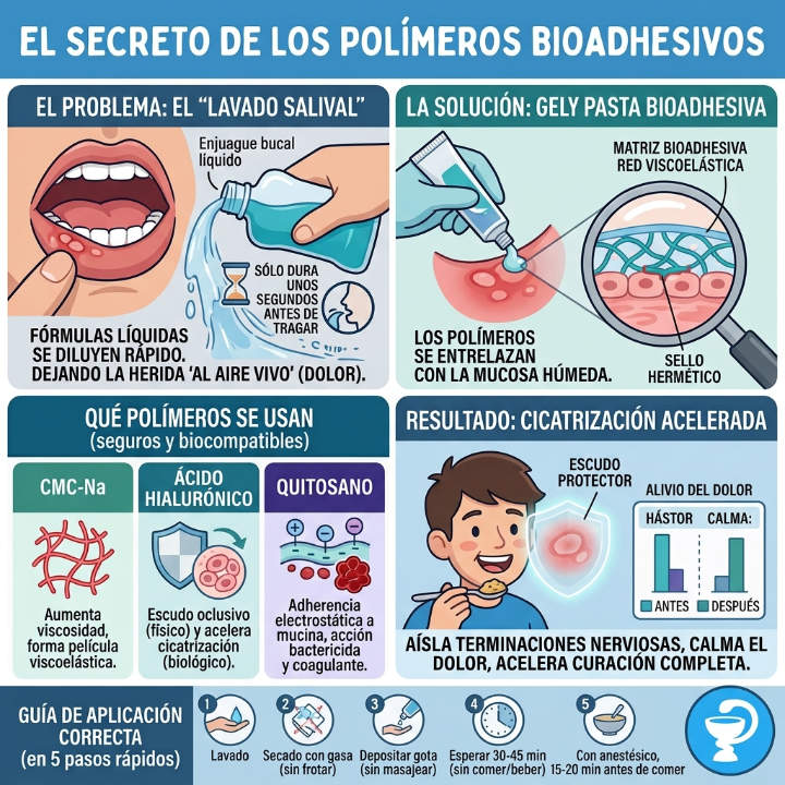 La infografía detalla cómo funcionan los polímeros bioadhesivos y sus beneficios frente a los enjuagues bucales.
