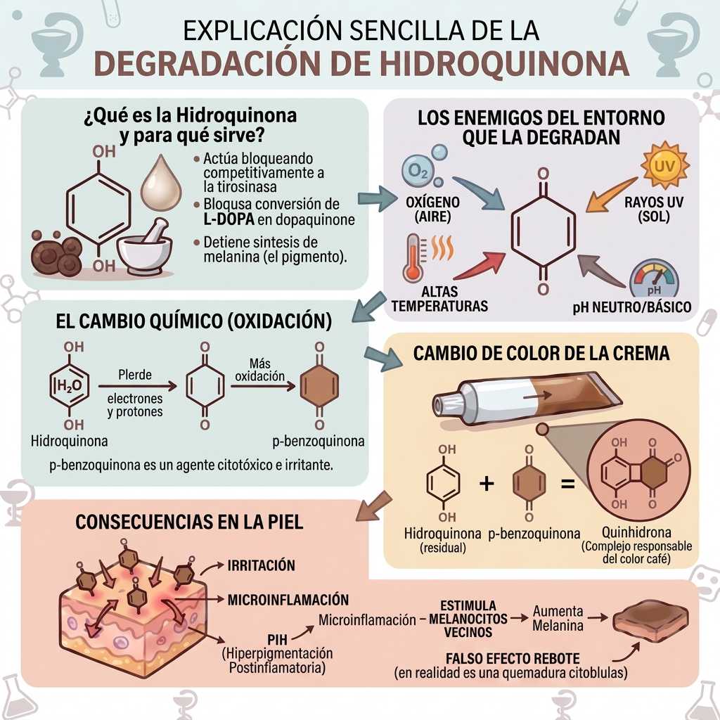 Infografía que explica el mecanismo de degradación de la Hidroquinona y las consecuencias que puede ocasionar a la piel la p-benzoquinona (Producto de degradación).